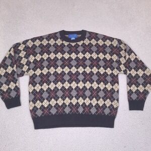 Vintage Towncraft Sweater Men Large Black Beige Argyle Knit Crewneck 90s Grandpa